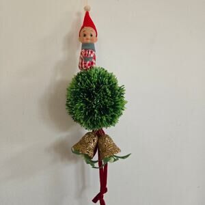 Vintage Napco Knee Hugger Pixie Elf Mistletoe Ball Ornament With Bells